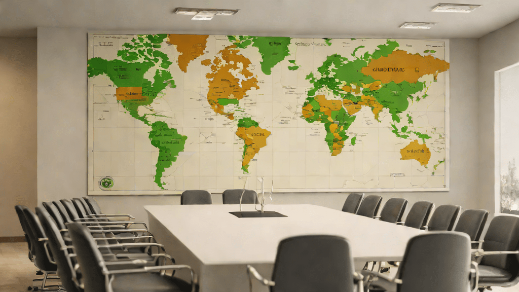 Sala de reuniones con mapas de América del Sur y logotipo del club
