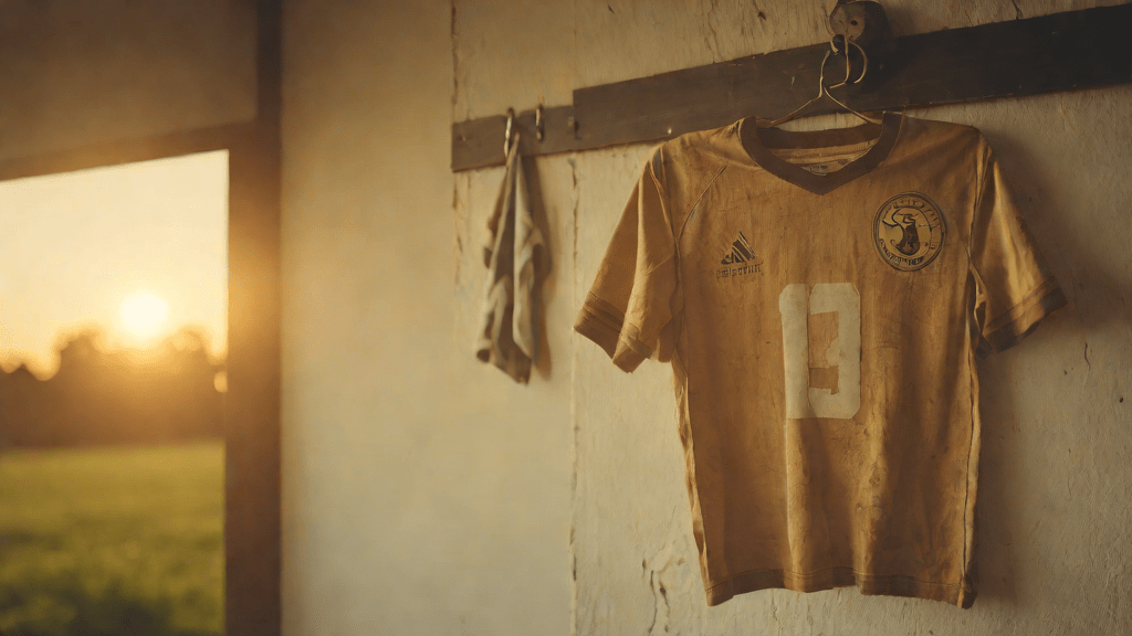 Casa rural con camiseta de fútbol antigua y foto familiar en la pared