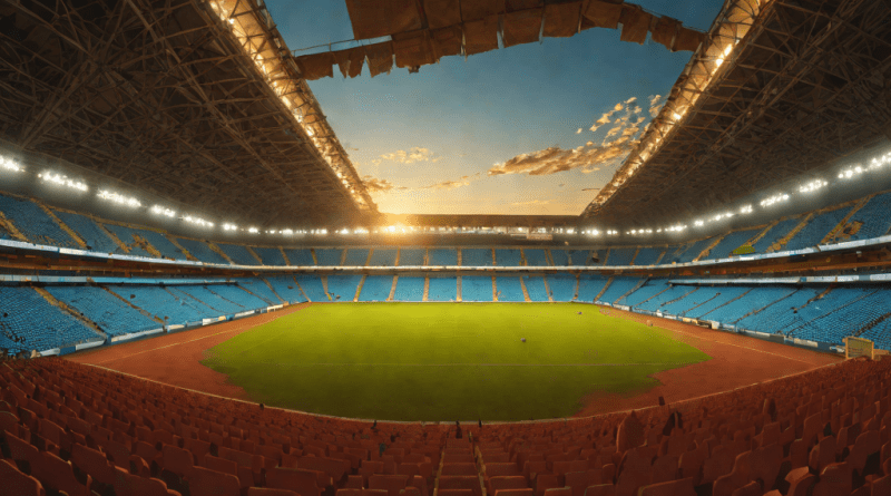 Estadio fantasmal con figuras de fantasmas en trajes andinos al atardecer