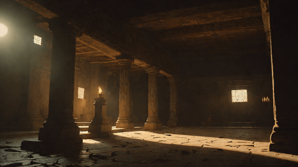Interiores de templo antiguo con sombras y luces tenues al mediodía