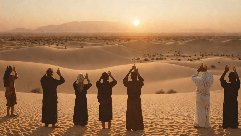 Grupo humano en desierto al atardecer en acto de oración