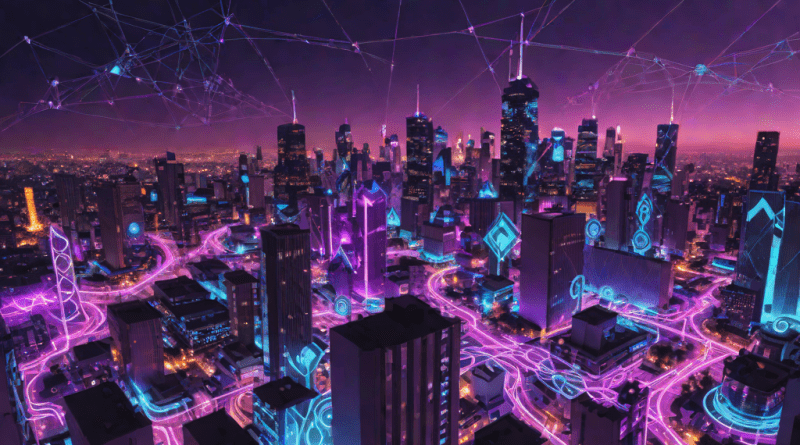 Ciudad futurista con símbolos flotantes y líneas de energía luminosas