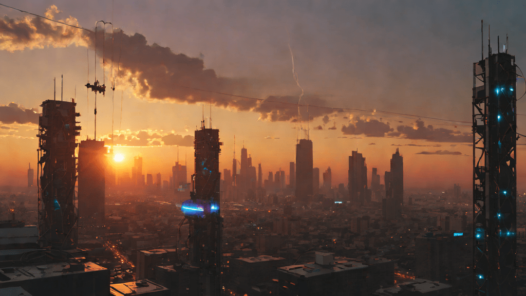 Fuente de alimentación en medio de una ciudad futurista al atardecer