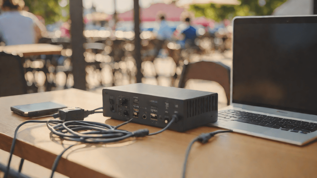Fuente de alimentación conectada a dispositivos en un espacio al aire libre