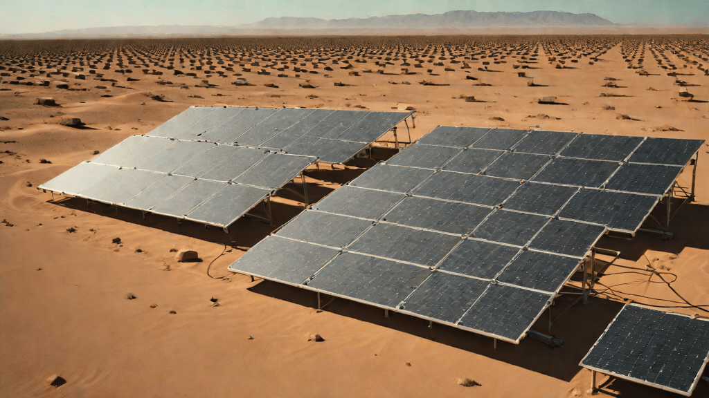 Fuente variable conectada a paneles solares en un entorno desértico