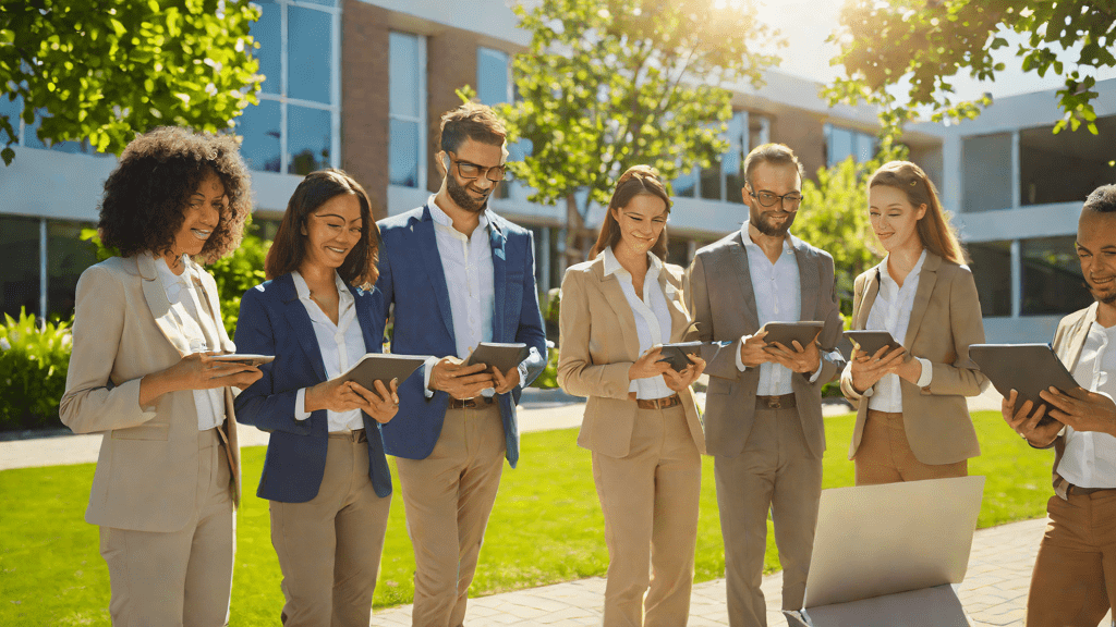 Equipo diverso trabajando al aire libre con tabletas y tableros inteligentes