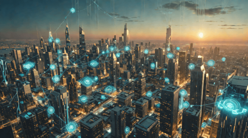 Ciudad futurista al amanecer con flujos de datos de IA y interfaces holográficas