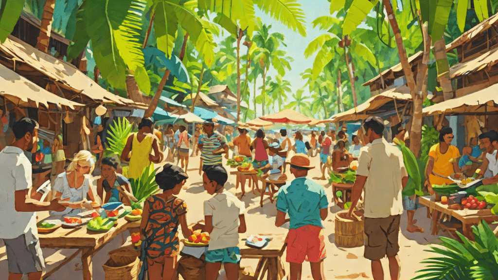 Mercado tropical donde personas usan tablets para escribir historias
