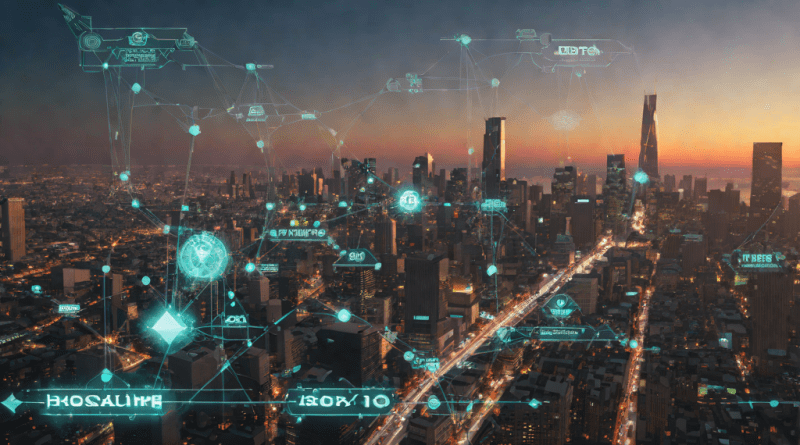 Ciudad futurista con textos holográficos flotantes al amanecer