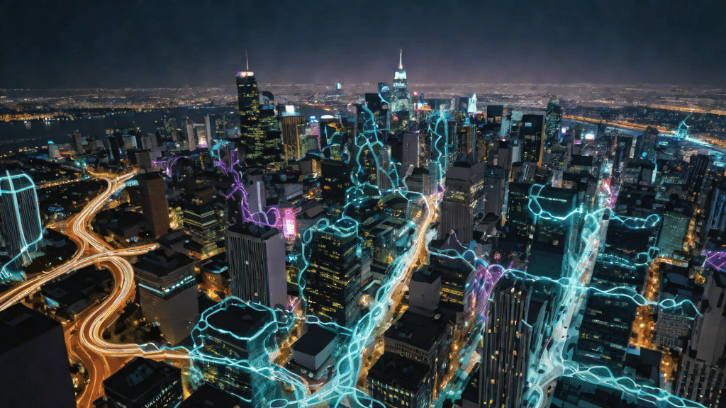 Ciudad nocturna con corrientes de datos flotando en el cielo