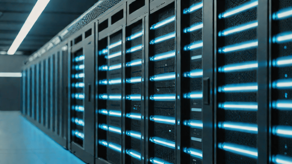 Racking de memoria RAM en una central de datos con iluminación fría