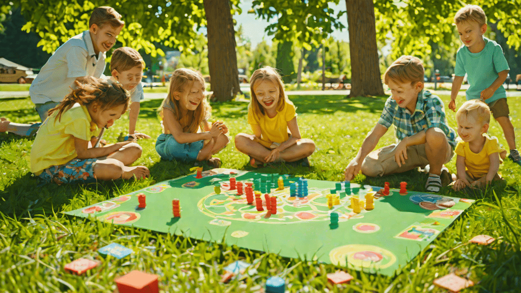 Niños jugando un juego de rol en un parque al amanecer