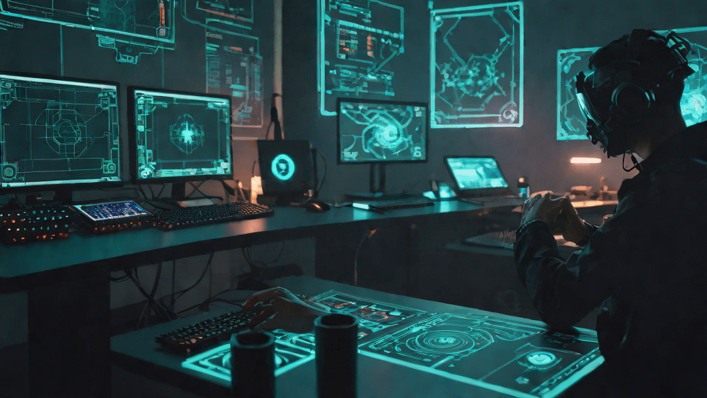 Juego de rol digital en un espacio futurista de oficina