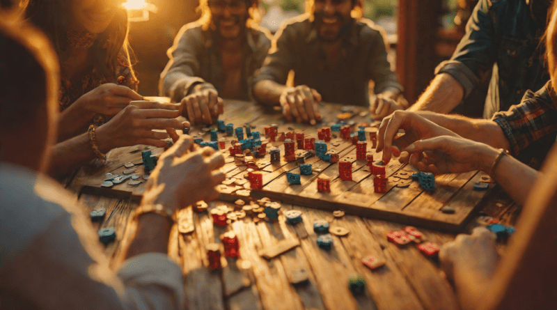 Juego de rol de mesa en una cena familiar al atardecer