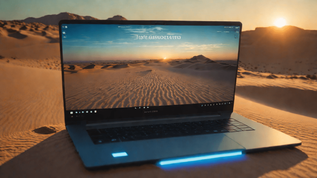 Laptop de juego con barras de RAM luminosas en una duna al atardecer