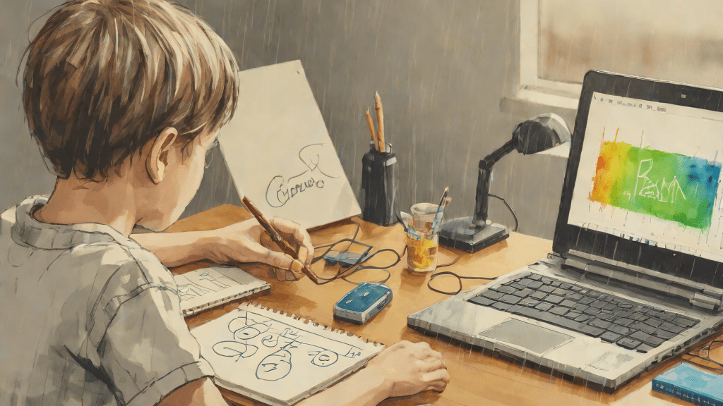 Niño dibujando una computadora con barras de RAM etiquetadas en una tarde lluviosa