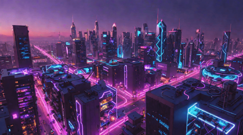 Ciudad futurista con consolas de juegos flotantes y flujo de datos