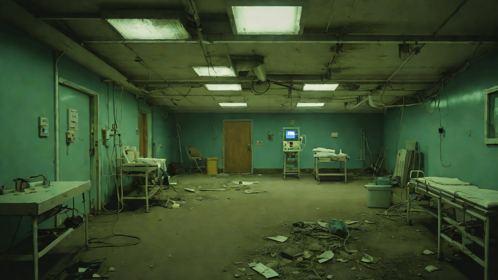 Escena en un sótano hospital abandonado, por la mañana, luz tenue y suciedad