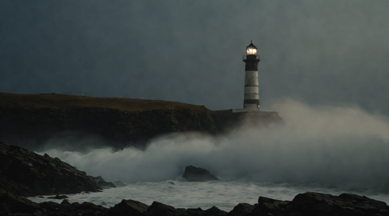 Lighthouse en una costa tormentosa, noche, niebla densa y oleadas