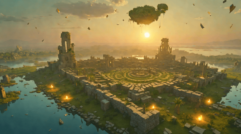 Portada de Magic The Gathering: mundo mágico con cartas flotantes y ruinas antigüas