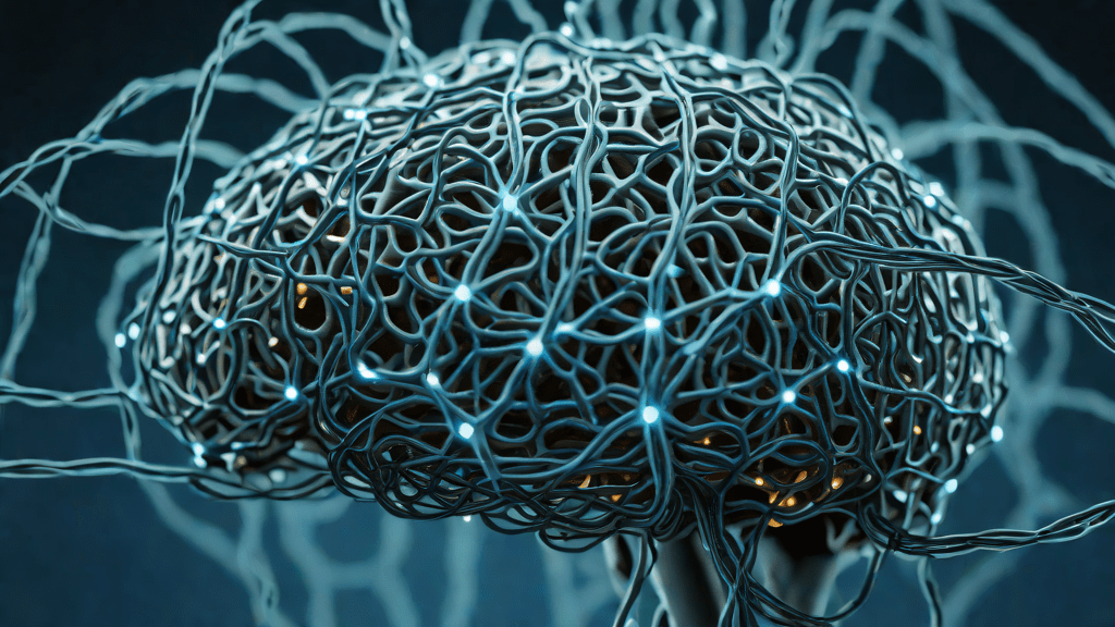 Brain-shaped circuit structure in a dark lab under blue lighting