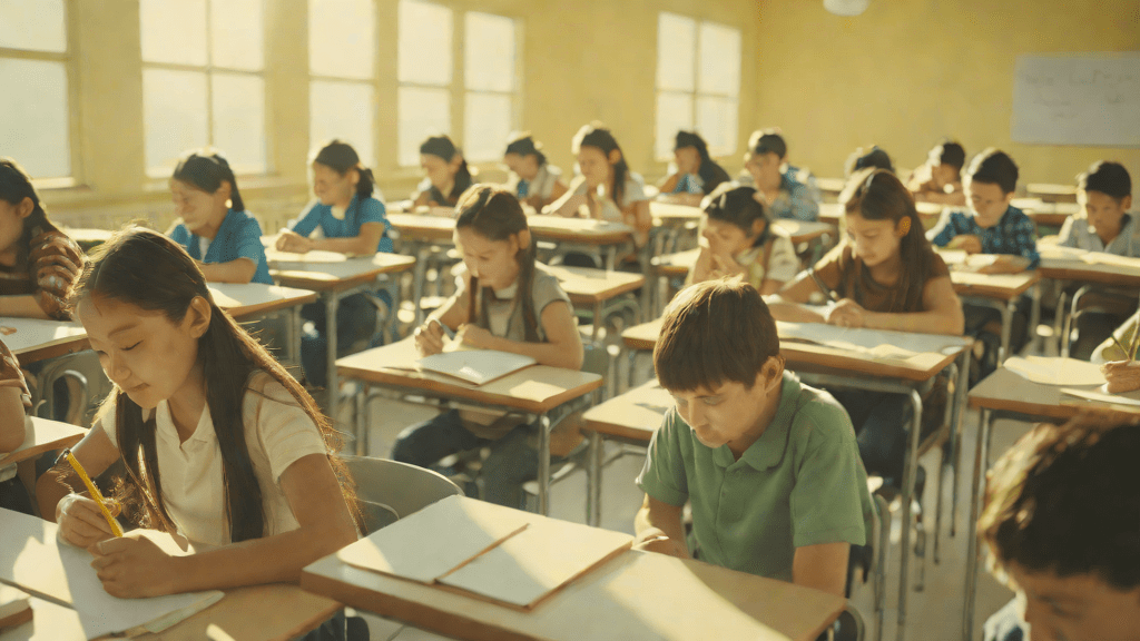 Students writing in a sunny classroom