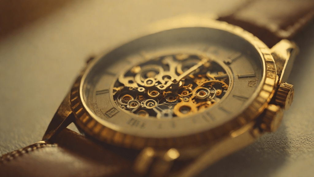 Vintage watch with glowing memory chips in golden light