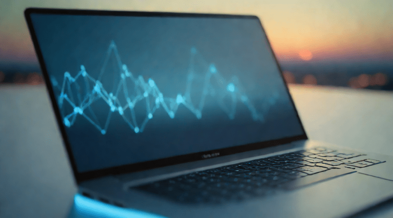 Futuristic computer desk with floating circuit patterns at dawn