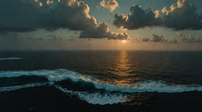 Vista aérea misteriosa del Triángulo de las Bermudas al atardecer