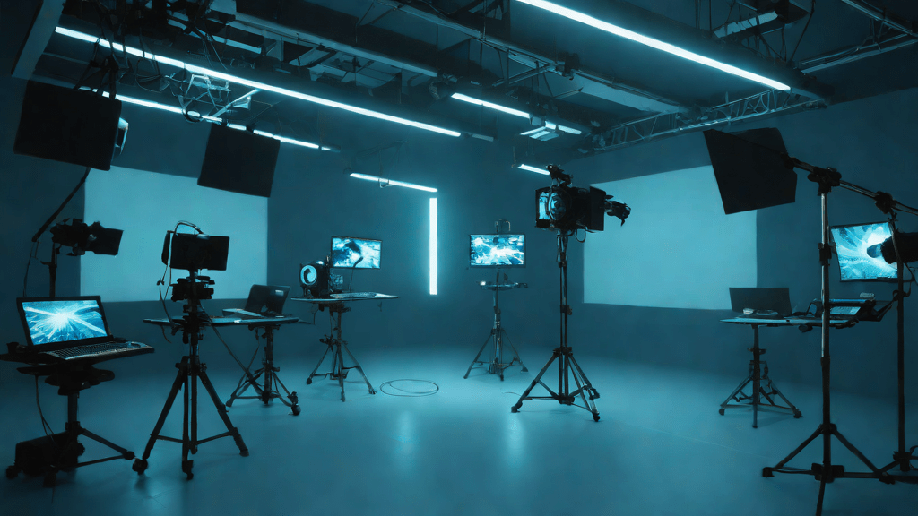 Estudio de producción moderno de noche con tecnología avanzada y luces azules