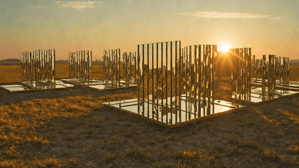 Campo abierto con una máquina abstracta de espejos y circuitos al atardecer