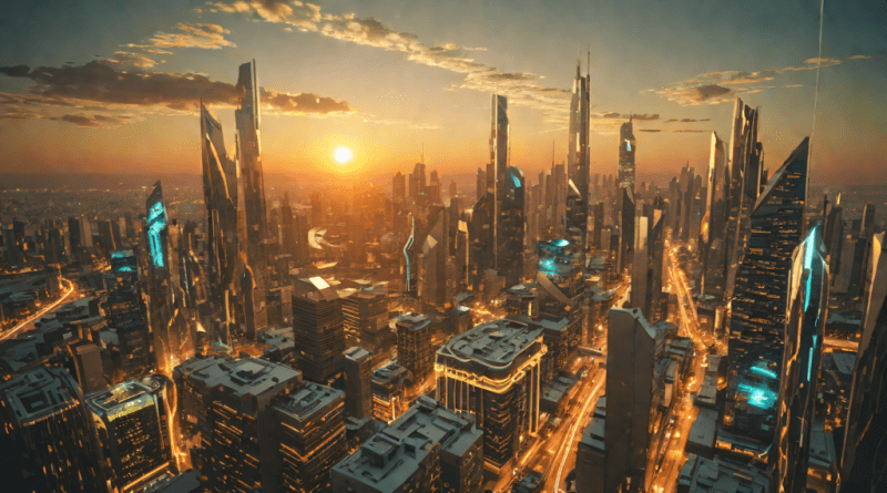 Ciudad futurista con corrientes de datos en el cielo al amanecer