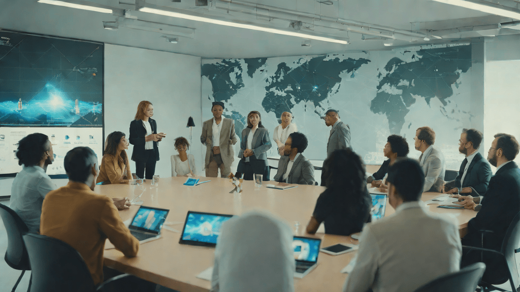 International team discussing a holographic AI interface in daylight