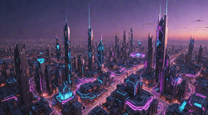 Futuristic city at sunset with glowing AI networks in the sky