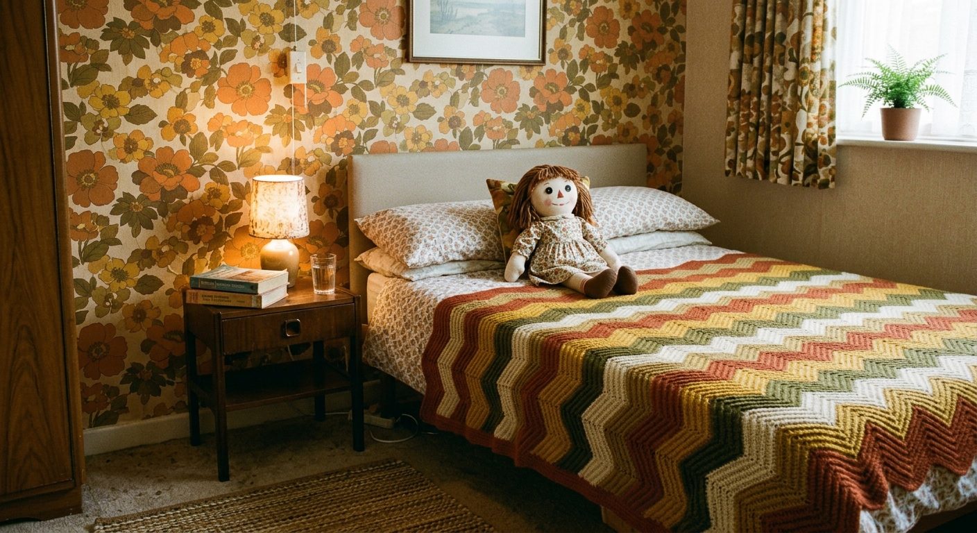 Habitación de un apartamento de los años 70 con un libro de enfermería y una muñeca de trapo sobre la cama.