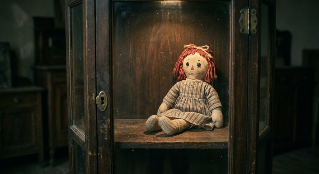 Muñeca de trapo antigua dentro de una vitrina de madera y cristal iluminada en una estancia en penumbra.