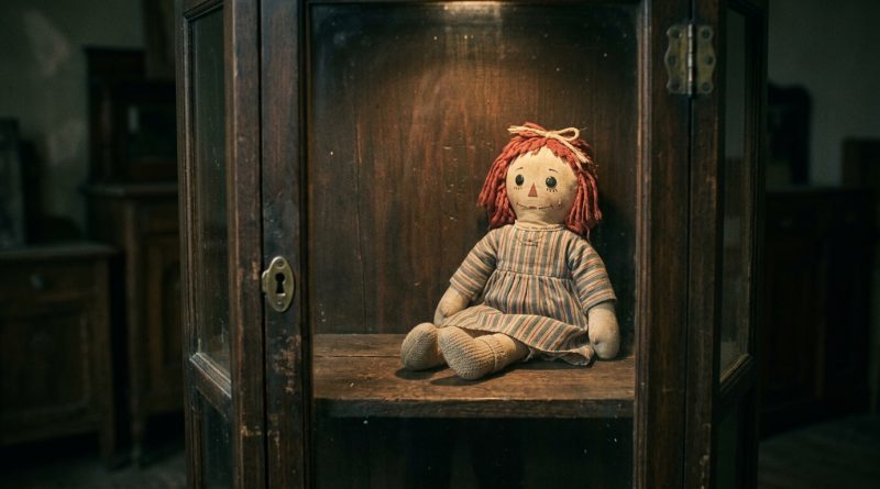 Muñeca de trapo antigua dentro de una vitrina de madera y cristal iluminada en una estancia en penumbra.