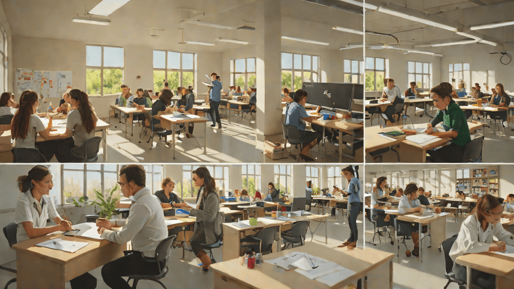 Classroom and lab scene under natural daylight with contrasting settings