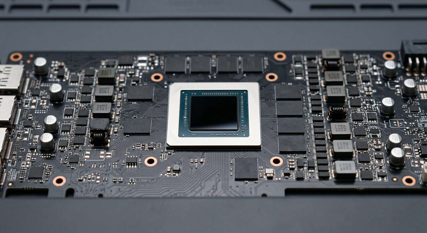 El chip GPU al descubierto en el centro de la placa de circuito impreso de una tarjeta gráfica.