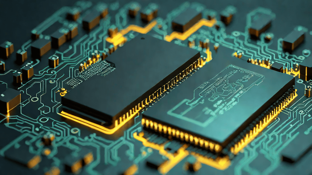Sección interna de un SSD con electrones en movimiento iluminados
