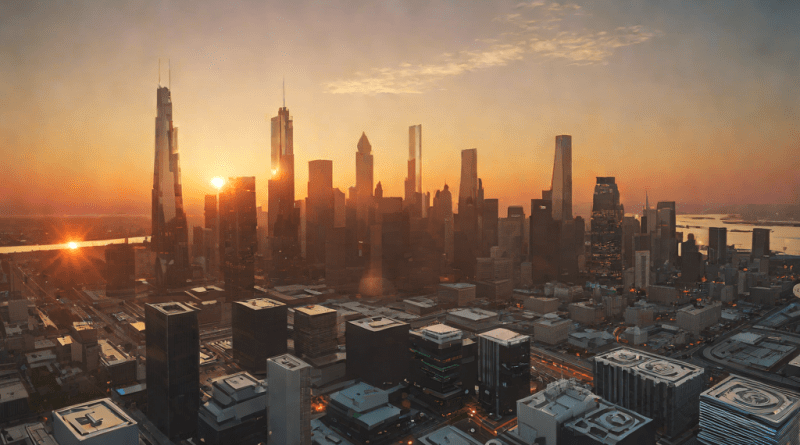 Vista de ciudad futurista con centros de datos tecnológicos al amanecer