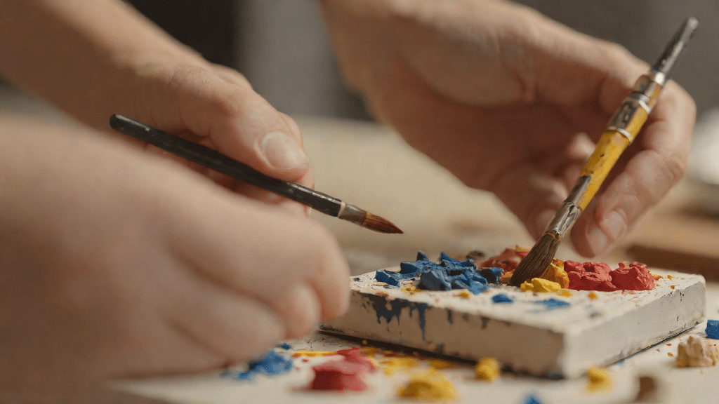 Principiante pintando una miniatura con pinceles y paleta en luz natural