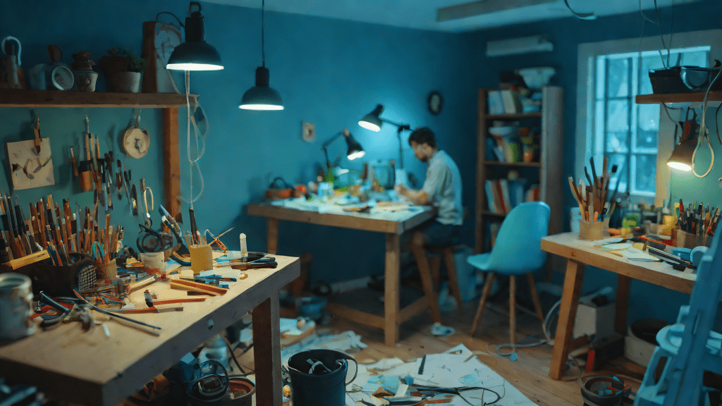 Estudio artístico nocturno con miniaturas desordenadas y luces azules