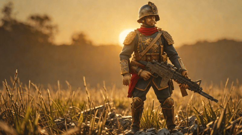 Miniatura de soldado en escena de batalla con luz dorada y detalle realista