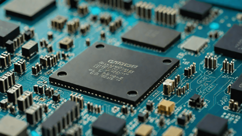 Detalle microscópico de componentes de una placa base de computadora