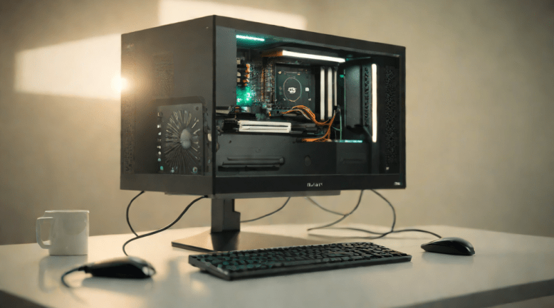 Placa base de computadora futurista en un escritorio moderno al atardecer