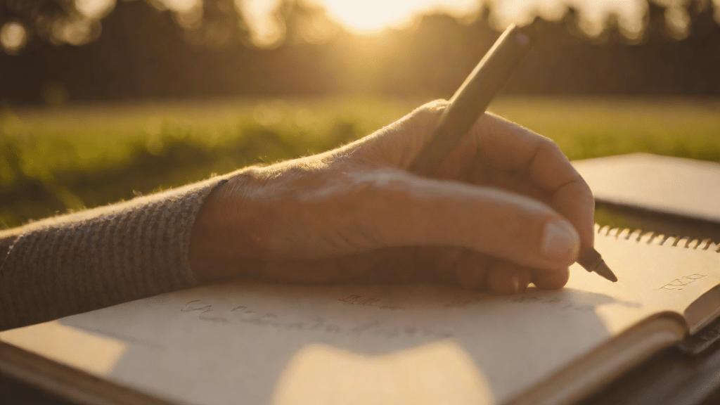 Persona escribiendo un prompt en un entorno natural al atardecer