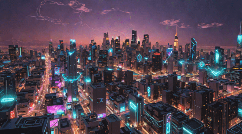 Ciudad futurista con interfaces de IA brillando al atardecer