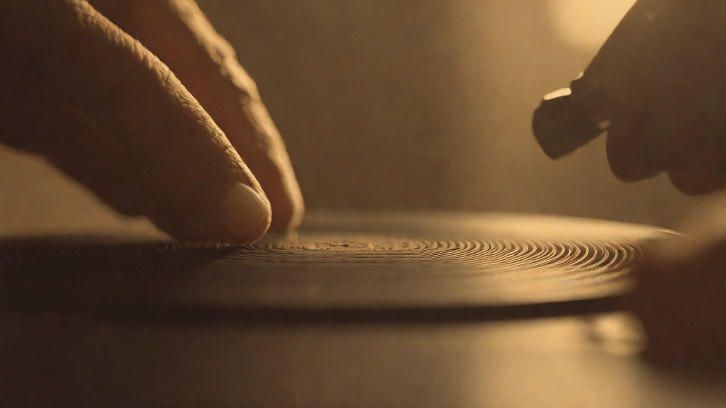 Close-up of a vinyl record in warm afternoon light, tactile and vintage feel