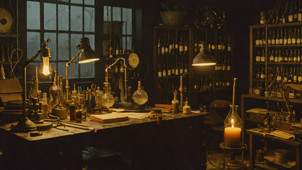 Historical lab with mysterious liquid in a glass cylinder, early 20th century setting